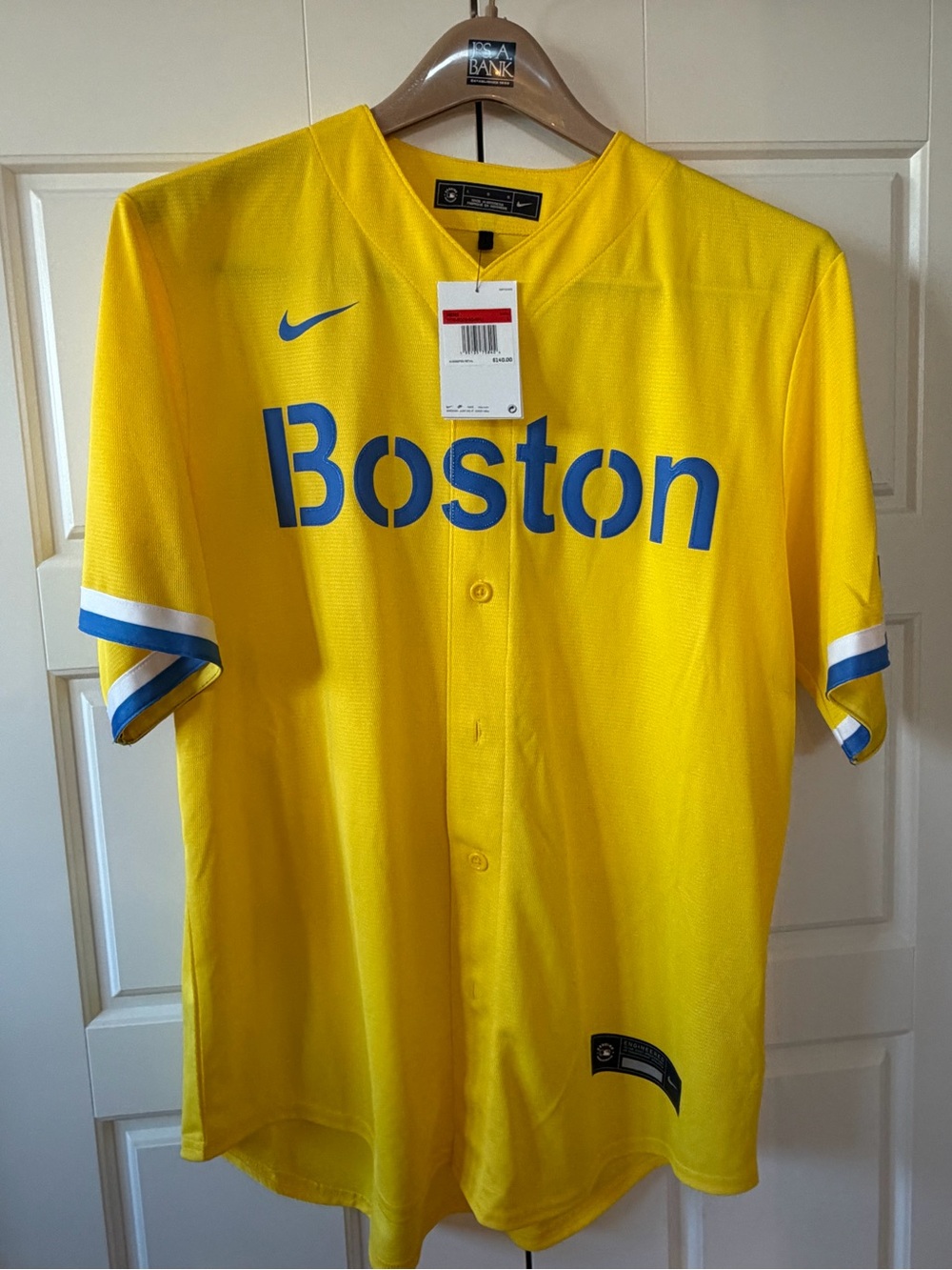 Nike Men’s Yellow Boston Team Baseball Jersey with Blue Script -NWT